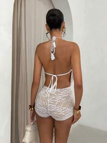 Glamine Mono sexy de encaje sin espalda con escote en V profundo - Estilo de verano para mujer, ropa para fiesta, playa, vacaciones y fotografía - Blanco - Ver 3