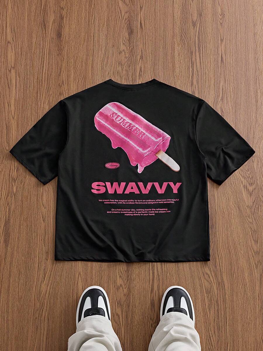 SWAVVY 男士夏季休閒寬鬆短袖標準尺寸圓領黑色正反面熱轉印印花T恤 - 黑色 - 查看 1
