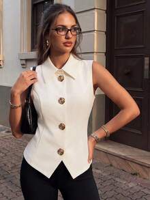 SHEIN Reine weiße ärmellose Weste, fließender Stoff schlank und ordentlich, A-Linie asymmetrischer Saum mit roségoldenen Knöpfen, schafft eleganten Pendler- und urbanen Chic-Stil - Aprikosenfarben - Übersicht 4
