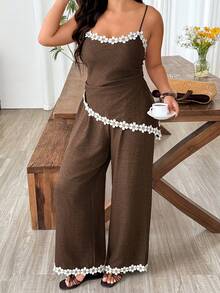 Weeklong Plus Size Camisole Top With Patchwork Lace Trim Asymmetrical Hem + Elastic Waist Wide Leg Straight Pants Contrast Lace Trim Elegant Streetwear Summer - Coffee Brown - View 7