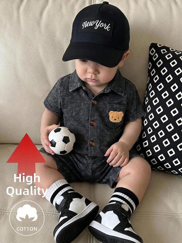 SHEIN Playful Pals 2pcs/Set Baby Boy Toddler Spring Summer Short Sleeve Shirt With Turn Collar, Pocket, Bear Patch Decor, Patch Front Opening And Elastic Waist Shorts, Snow-Like Print Effect, Casual Loose Black 2-Piece Set Short Sleeve Shirt Jacket Boy Children Outdoor Street Style Fashion Outfit, Boy Summer Outfit Set Boy Outfit Baby Boy Clothes Boys Outfit Sets Baby Casual Sets Boy Summer Sets Boy Clothes Toddler Boy Outfit