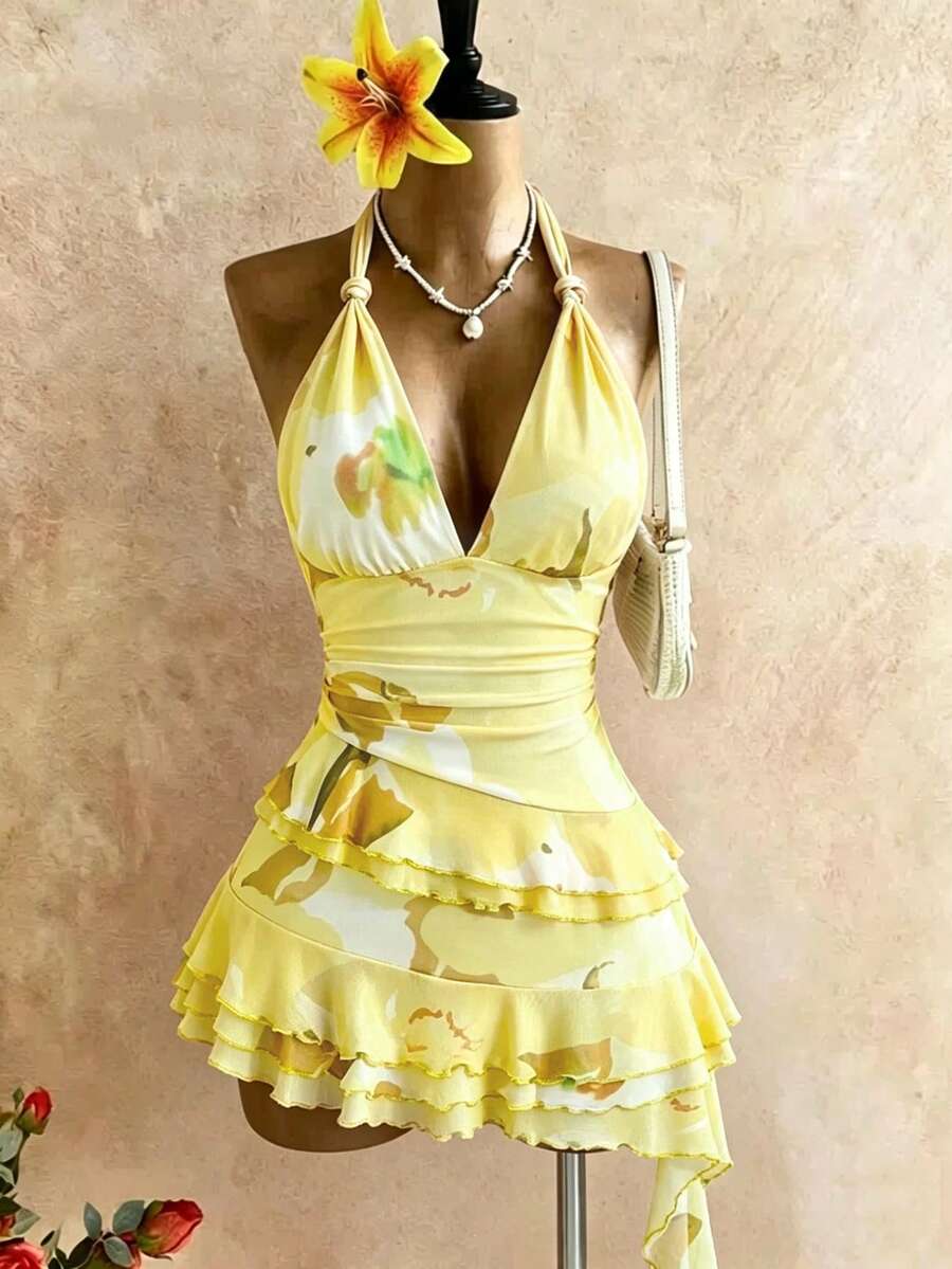 SHEIN Unity 春夏女款優雅海灘浪漫度假風印花多層疊穿荷葉邊掛脖露背性感短洋裝 - 黃色 - 查看 1