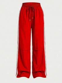 SHEIN Cheerettes Women's Colorblock Striped Straight Leg Sweatpants - Red - View 2