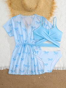 SHEIN Tween女孩海灘度假蝴蝶結印花交叉設計泳衣套裝，附和服式罩衫（隨機印花） - 藍色 - 查看 5