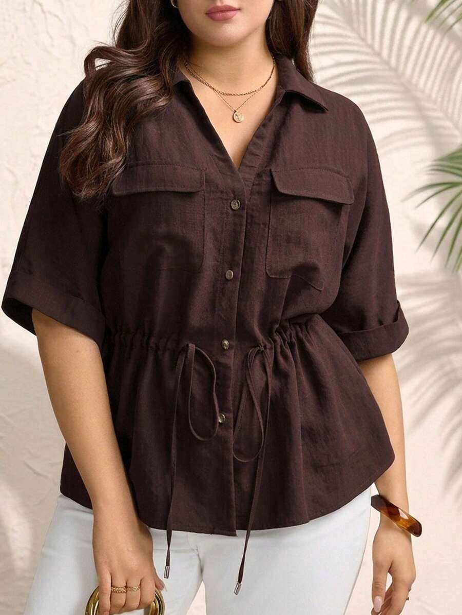 Comfylo 大码女式抽绳腰宽松夏季度假休闲沙滩衬衫 - 咖啡棕 - 查看 1