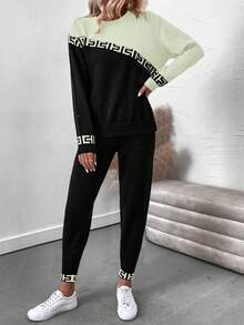 SHEIN LUNE 2件套女士撞色拼布毛衣和针织裤套装 - 綠色 - 查看 5