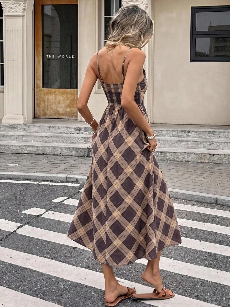 brown and white plaid dress Serisse Women's Summer Casual Sexy Spaghetti Strap Midi Vacation Plaid Lakshmi Long Sleeve Open curvy style Slip dress with Do Not Bleach Size:7-7,5 US / 38
