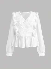 SHEIN Tween Girl Blouses Spring Autumn Winter New Woven White Casual Sweet Lady Solid Color Lace Patchwork Ruffle Long Sleeve Shirt, Doll Style Shirt, Back To School Season, Fashion Versatile - White - View 4
