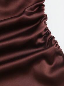 Sweetra Summer New Fashion Design French Elegant Satin-Feel Asymmetric Shoulder Waist Pleat Cinched Cinched Waist Hem Split Asymmetrical Women's Pink Blouse Elegant Commute - Brown - View 6