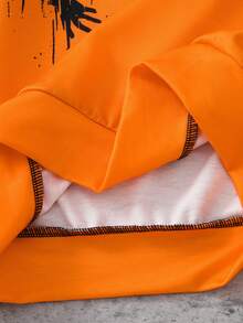 SHEIN 青少年休閒時尚創意個性清新極簡洛杉磯黑橘漸層圖形字母標語印花休閒基礎衛衣套頭長袖運動衫，舒適日常穿著，萬聖節，返校季 - 黑色 - 查看 5