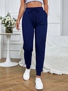 SHEIN Cheerettes Pantalones deportivos de cintura con cordón con bolsillo oblicuo - Azul Marino - Ver 5