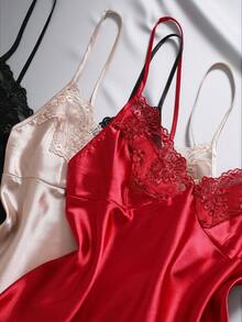EmpressEnvy 3 件套女士缎面刺绣蕾丝 V 领吊带背心和短裤睡衣套装，多色组合 - 彩色 - 查看 3