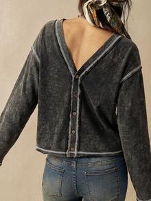 Bohemela Casual Solid Color Knit Long Sleeve Women's Top - Black - View 4