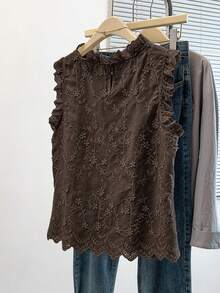 GlowEve CURVE Plus Size Women Comfortable Fitted Embroidered Ruffle Hem Blouse, Casual/Work Wear, Suitable For Daily Outing, Commuting, Dating, Spring & Summer - Brown - View 2
