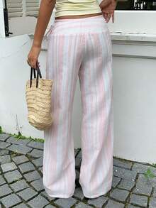 Sunnyshic Women's Spring/Summer Pink Striped Fabric Long Pants, Low Waist Side Tie Straight Leg Retro Casual Cute Vacation Beach Home Daily Versatile - Pink - View 2