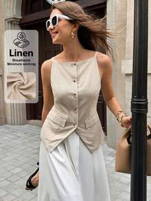SHEIN Clasi 女款優雅淺米色亞麻無袖襯衫，夏季度假早午餐背心，義式舒適兩件式休閒穿搭 - 杏色 - 查看 1