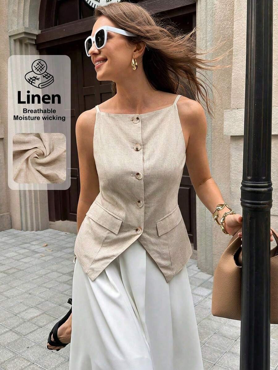 SHEIN Clasi 女款優雅淺米色亞麻無袖襯衫,夏季度假早午餐背心,義式舒適兩件式休閒穿搭 - 杏色 - 查看 1
