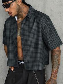 AXEPEAK Men's Summer Casual Plaid Slogan Print Shirt - Black - View 4