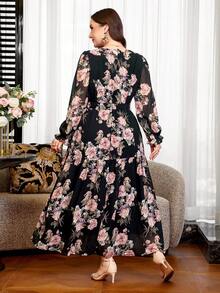 Reflora Vestido elegante de talla grande con cuello cuadrado y cintura definida con estampado floral - Burdeos - Ver 3