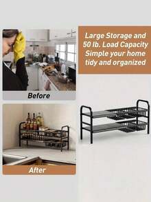 1 Juego de Estantes de Almacenamiento Retráctiles de Una y Dos Capas para Fregadero - Estante de Cesta Metálica Desmontable, Estante de Almacenamiento Multifuncional Negro Ahorrador de Espacio Adecuado para Cocina y Baño - Negro - Ver 2