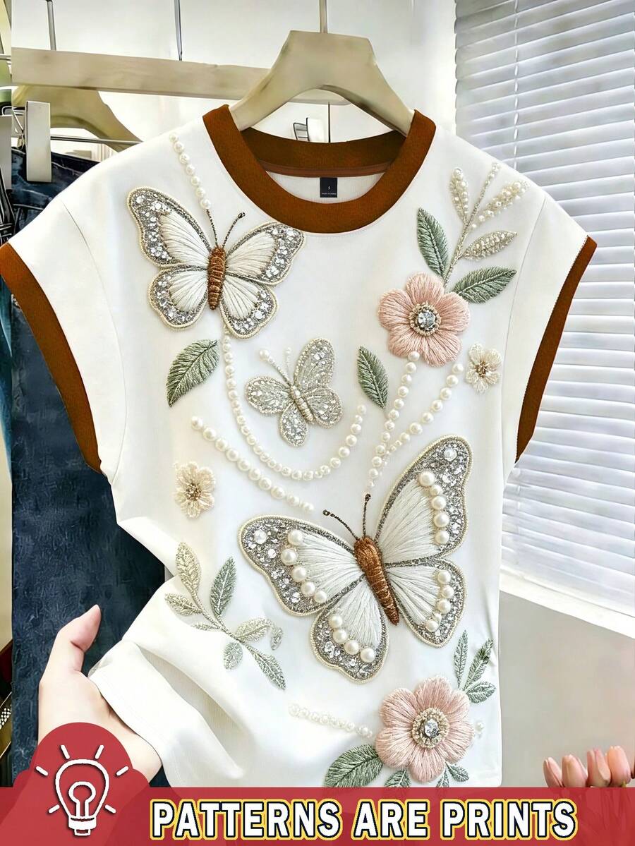 Resyla 女款圓領對比飾邊仿珍珠裝飾花卉刺繡圖案休閒百搭日常穿搭上衣 - 彩色 - 查看 1