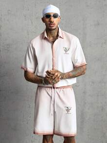 AXEPEAK Men's Letter Print Short Sleeve Shirt And Shorts Set - Multicolor - View 5