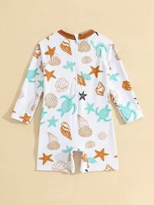 SHEIN 婴儿拉链泳衣，海洋生物鲨鱼印花。夏季海滩度假必备时尚单品。长袖设计，蓝色撞色，可爱的鲨鱼和海洋生物卡通图案。生动活泼。适合可爱的男宝宝在海滩玩耍时穿着。 - 彩色 - 查看 2