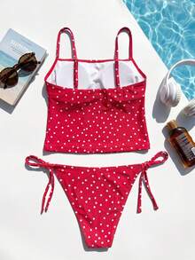 Swim Mod 2pcs Women's Beachwear Set, Fashionable Cute Sexy Vacation Seaside Swimming Pool Party Polka Dot Multicolor Spaghetti Strap Adjustable Tank Top And Side Tie Bikini Bottoms - Multicolor - View 2