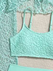 SHEIN Tween Girl Solid Color Swimsuit Set For Vacation And Beach - Mint Blue - View 5