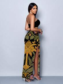 SOLERSUN Women's Solid Color Bandeau Top Plant Print Slit Design Skirt Casual Sexy Tropical Daily Set Beach Vacation Black Green Summer - Multicolor - View 2