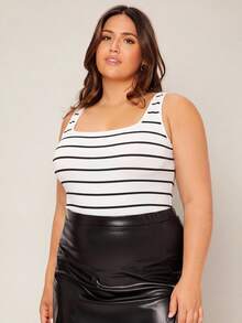 SHEIN BASICS 大尺碼女款純色與條紋方領修身休閒百搭背心 - 彩色 - 查看 5