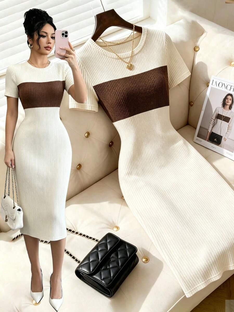 Elenzga Đầm ngắn tay ôm dáng, tối giản, đa năng dành cho nữ, phối màu tương phản, chất liệu gân nổi. - Nhiều màu - Xem 1