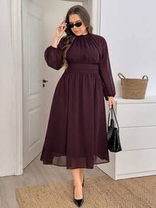 Comfylo Plus Size Elegant Commuter Solid Color Lantern Sleeve Dress Fall - Chocolate Brown - View 6