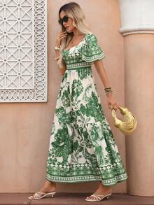 Flora Isola Flora Isola Women's Spring/Summer Elegant Boho Fashion Commute Casual Comfortable Charming Vintage Romantic Holiday Vacation Beach Vacation Dress White Floral - Green - View 5