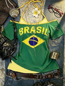 SHEIN 女款 Y2K 拼色繫帶前襟 T 恤，印有「BRASIL」字樣。比賽日、球迷穿搭。 - 彩色 - 查看 1