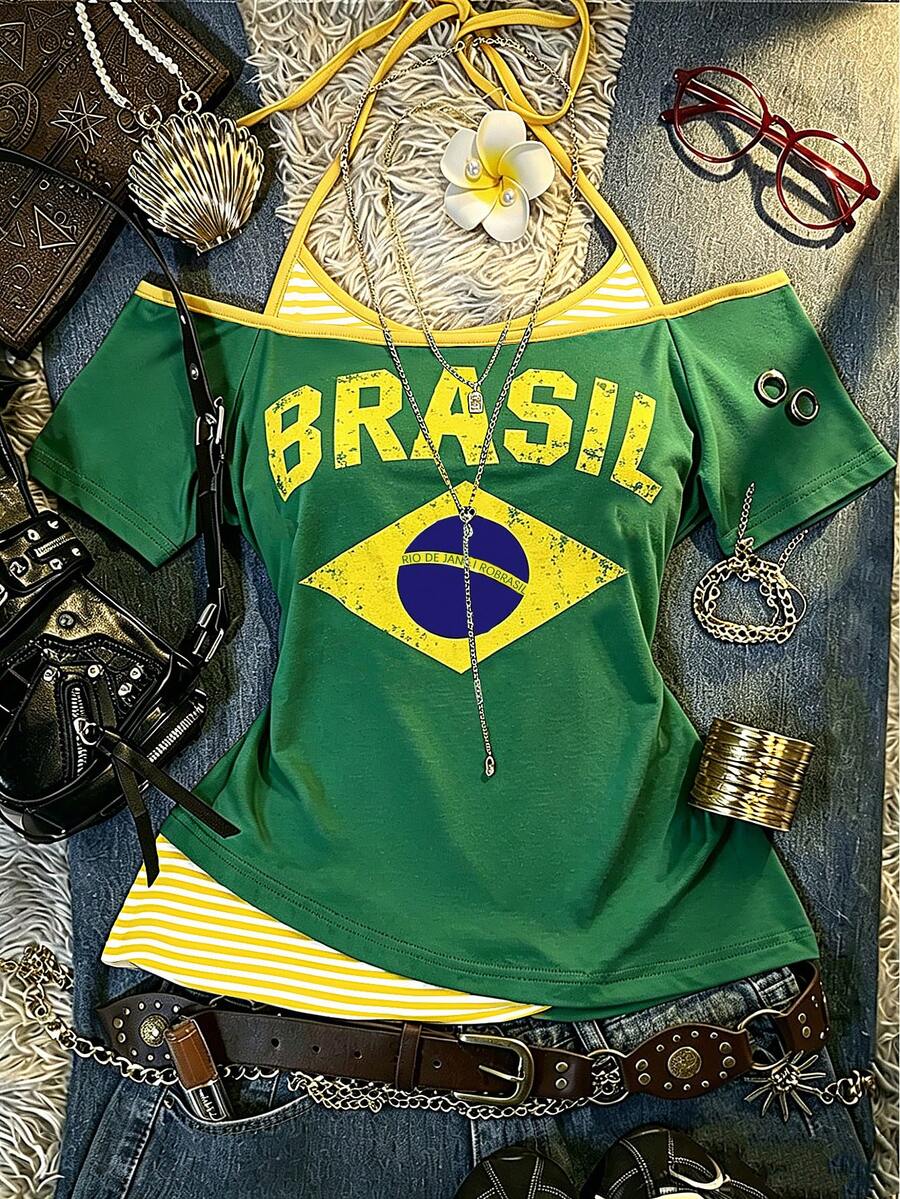 SHEIN 女款 Y2K 拼色繫帶前襟 T 恤，印有「BRASIL」字樣。比賽日、球迷穿搭。 - 彩色 - 查看 1