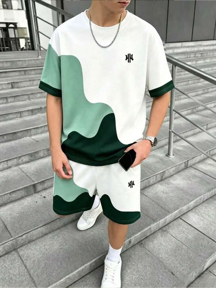 SHEIN Teen Boys Digital English Graphic Design Short Sleeve Shirt And Shorts Set, Spring/Summer Casual Comfortable Fashion Style, Suitable For Outings, Outdoor Sports, Outdoor Picnics, Street Photography, Vacation Style, Holidays, Gifts, Summer Outfits - Multicolor - View 1