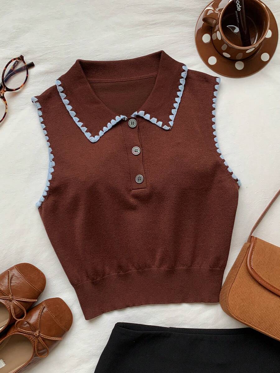 Comfortcana Women's Contrast Trim Sleeveless Knit Top Brunch Brown And Blue Summer Preppy Vintage School Everyday - Brown - View 1