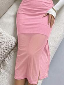 SHEIN Glamour 粉色亮片網紗高腰貼身側開衩設計顯瘦拉長腿線優雅夏季約會派對通勤等多用途裙 - 粉色 - 查看 4