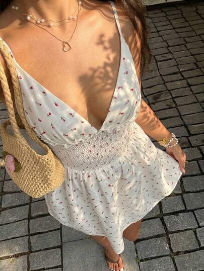 Sunnyshic Women's Summer Floral Fabric Deep Shirred Spaghetti Strap Shirred Waist A-Line Mini Casual Dress