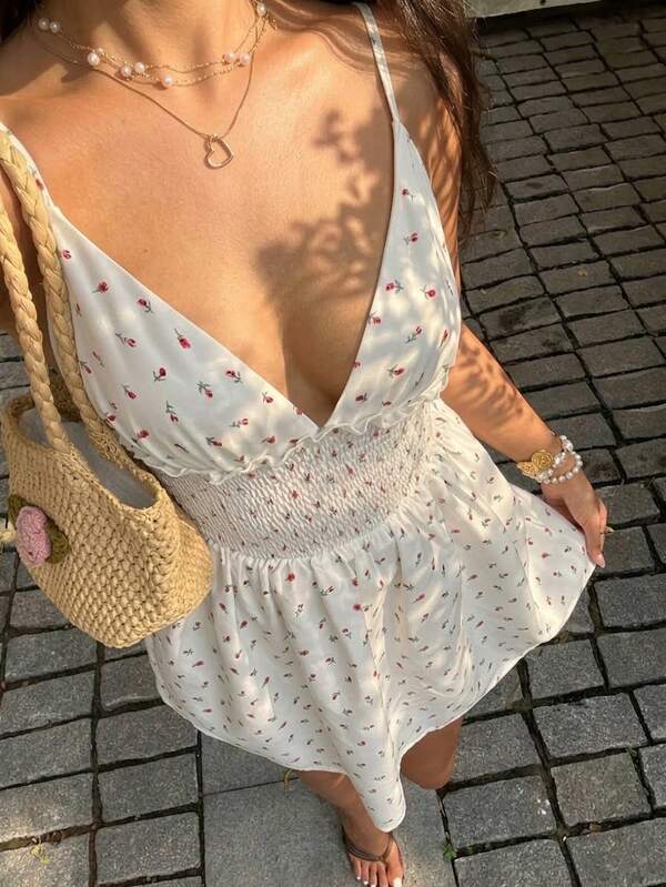 Sunnyshic Women's Summer Floral Fabric Deep Shirred Spaghetti Strap Shirred Waist A-Line Mini Casual Dress