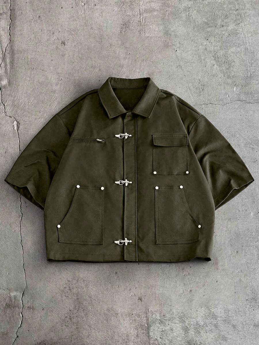 AXEPEAK Men's Solid Color Casual Versatile Daily Wear Shirt - Army Green - View 1