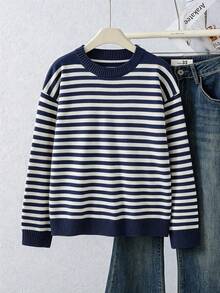 SHEIN 青少年女孩 2025 秋冬新款毛衣，粉色條紋針織套頭衫，圓領與長袖設計，柔軟寬鬆百搭優雅風格，可愛溫柔時尚毛衣上衣，易於搭配牛仔褲/裙子，適合日常穿著、外出與戶外旅行 - 藏蓝色 - 查看 4