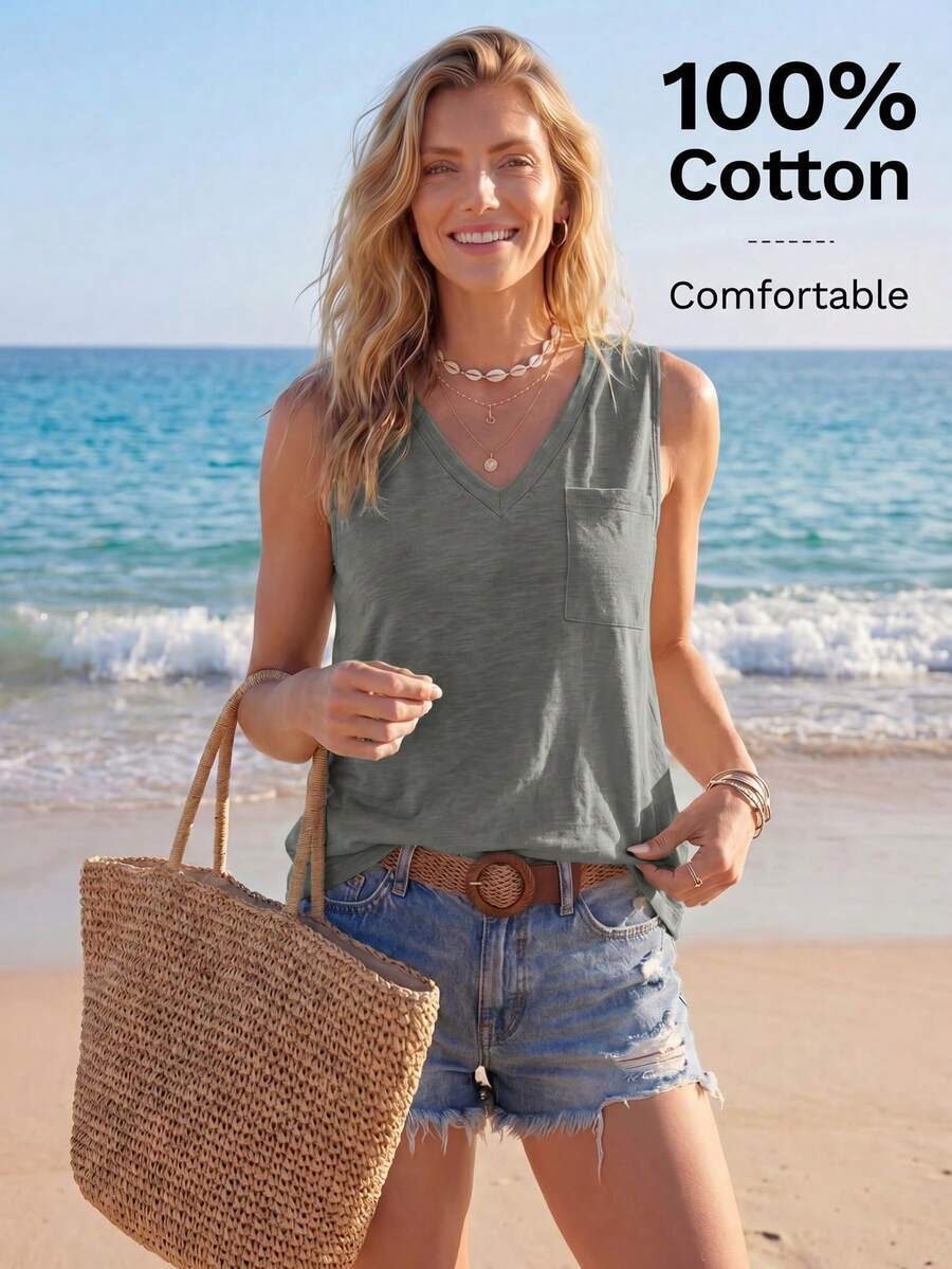 SHEIN LUNE 女款素色簡約日常V領無袖背心上衣,休閒風 - 深灰色 - 查看 1