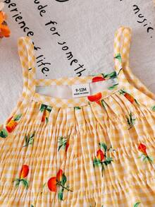 SHEIN Vintaside Kids 女嬰夏季兩件套，黃橘格紋與橘色印花無袖上衣搭配同款長褲，清新田園風，適合海邊度假、公園出遊、日常穿著、舞蹈日穿搭 - 黃色 - 查看 10
