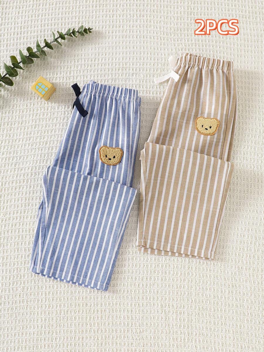 SHEIN Playful Pals Set 2 Potong Celana Panjang Bayi Laki-laki dengan Pinggang Elastis, Motif Beruang, dengan Pita Dekoratif, Cocok untuk Jalan-jalan, Gaya Jalanan, Pakaian Sehari-hari, Seragam Tim, Serbaguna dan Nyaman - MultiWarna - View 1
