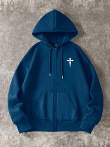Manfinity Dauomo Sudadera con capucha holgada con cremallera y bordado de cruz para hombre - Azul Marino - Ver 5