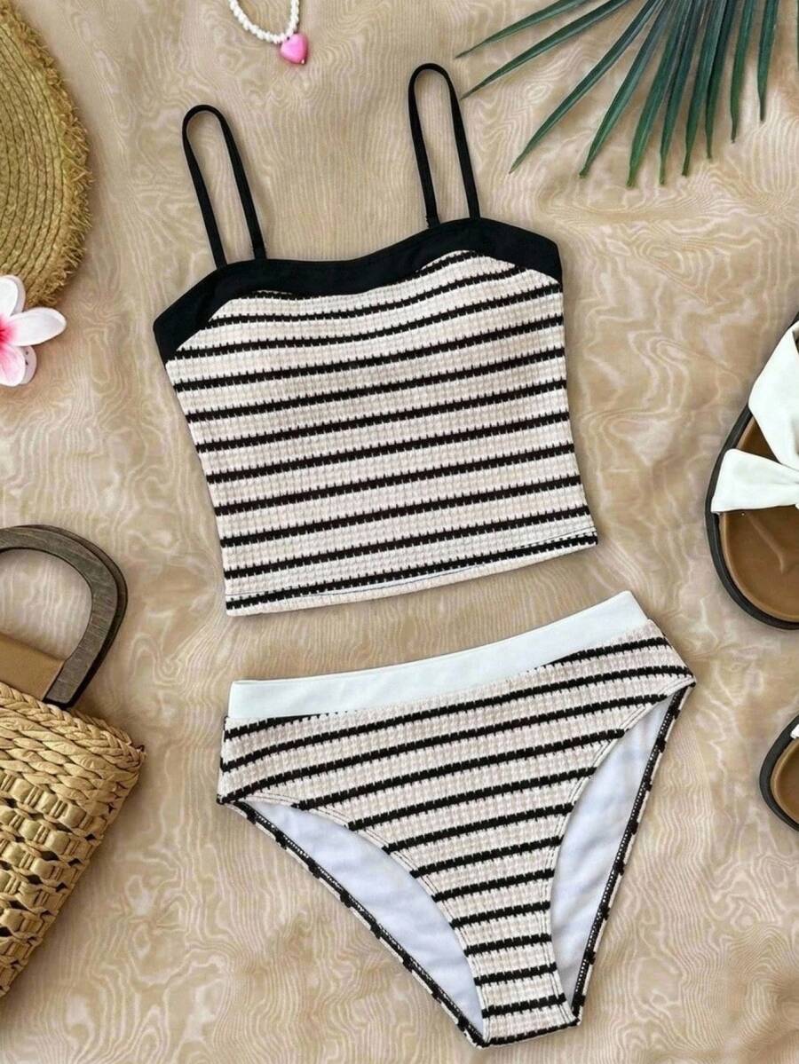 SHEIN TEENGIRL Beach Vacation Black & White Bow Contrast Tank Bikini Set, Conservative Bikini Set For Teen Girl - Black and White - View 1