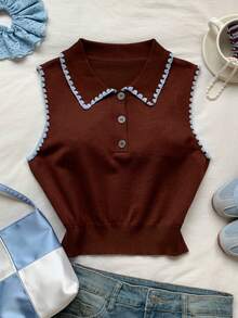 Comfortcana Women's Contrast Trim Sleeveless Knit Top Brunch Brown And Blue Summer Preppy Vintage School Everyday - Brown - View 5