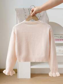 SHEIN 女童Y2K甜美少女風秋冬時尚蝴蝶結重工復古針織毛衣長袖開襟外套休閒百搭返校校服冬裝套裝適用於青少年女孩 - 杏色 - 查看 2